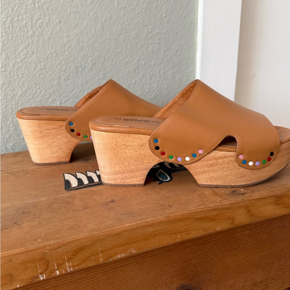 Glenna Tan Leather Platform Slide Mules with Multicolor Studs - Picture 2 of 5